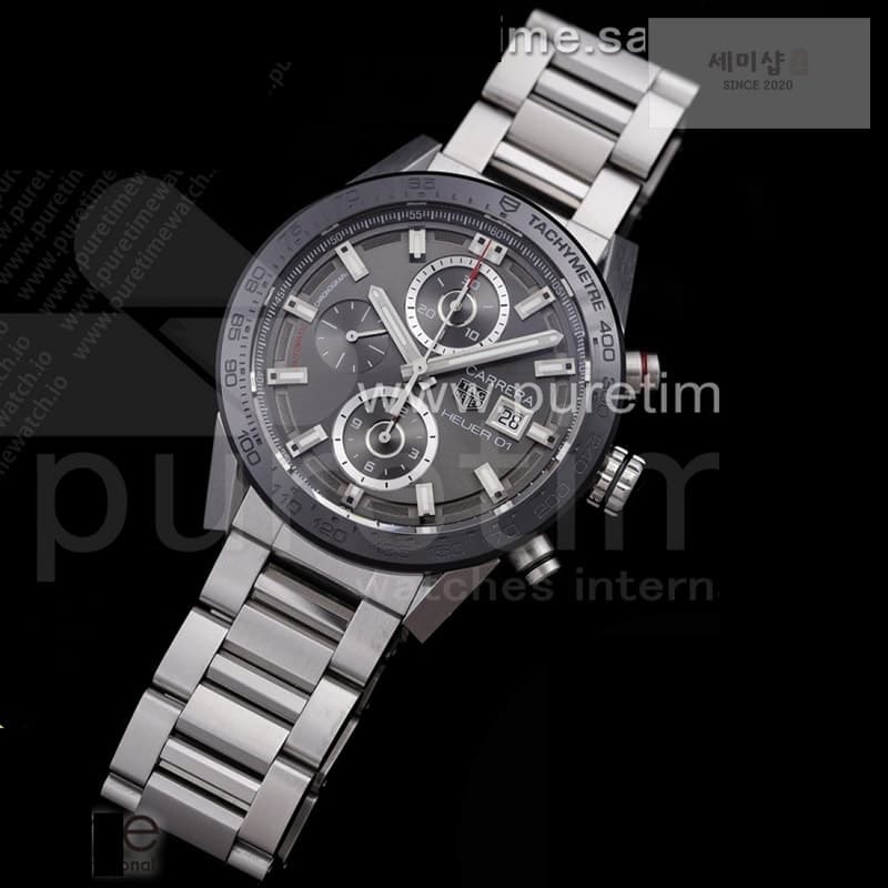 T A G Heuer XF공장 칼리버호이어 그레이다이얼 43MM Calibre Heuer 01 Chrono SS XF 1_1 Best Edition Gray Dial on SS Bracelet Strap A1887 시계